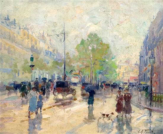 Elie Anatole Pavil (1873-1948, Ukrainian, French) Paris street scene 14.5 x 17.75in.